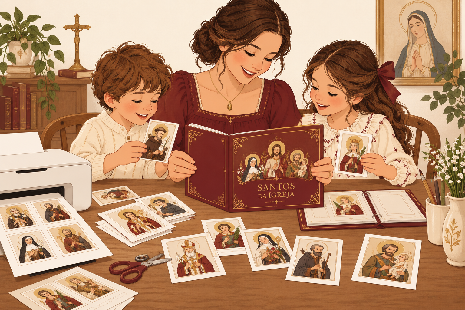 Ilustração de família montando um álbum de santos