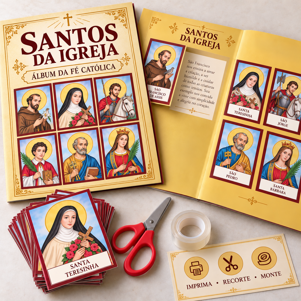 Santos da Igreja, álbum da fé católica: álbum, figuras e montagem